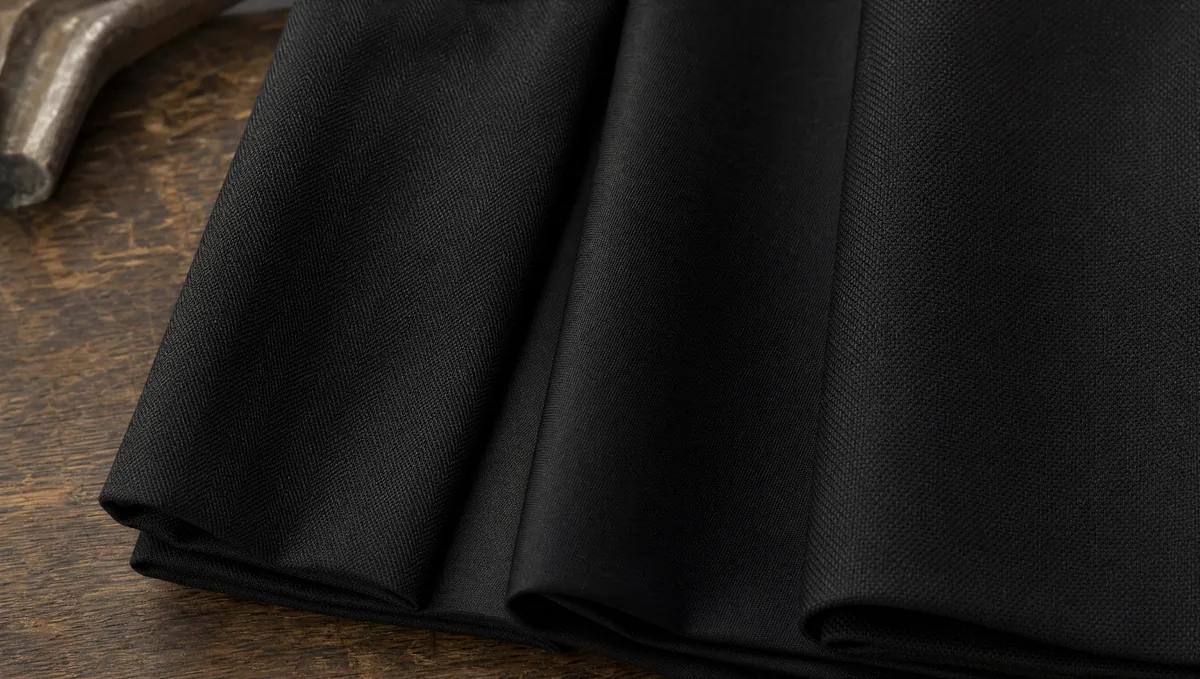 Trei mostre de material negru cu texturi diferite, pe o masă de lemn
