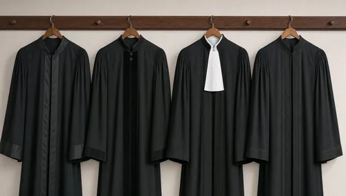 Patru robe juridice negre pe o bară de lemn, una cu bavetă albă
