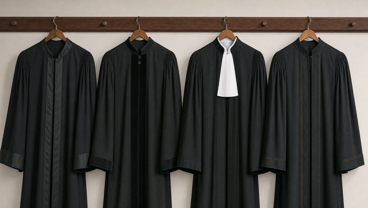 Patru robe juridice negre pe o bară de lemn, una cu bavetă albă